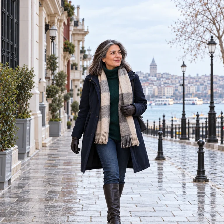Soğuk havada atkı ve eldivenle yürüyen kadın