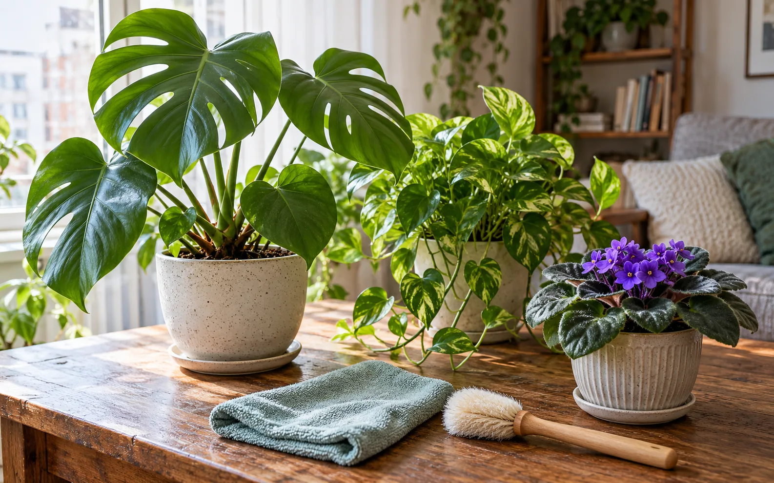 Monstera, pothos ve Afrika menekşesi yanında yumuşak bez ile fırça