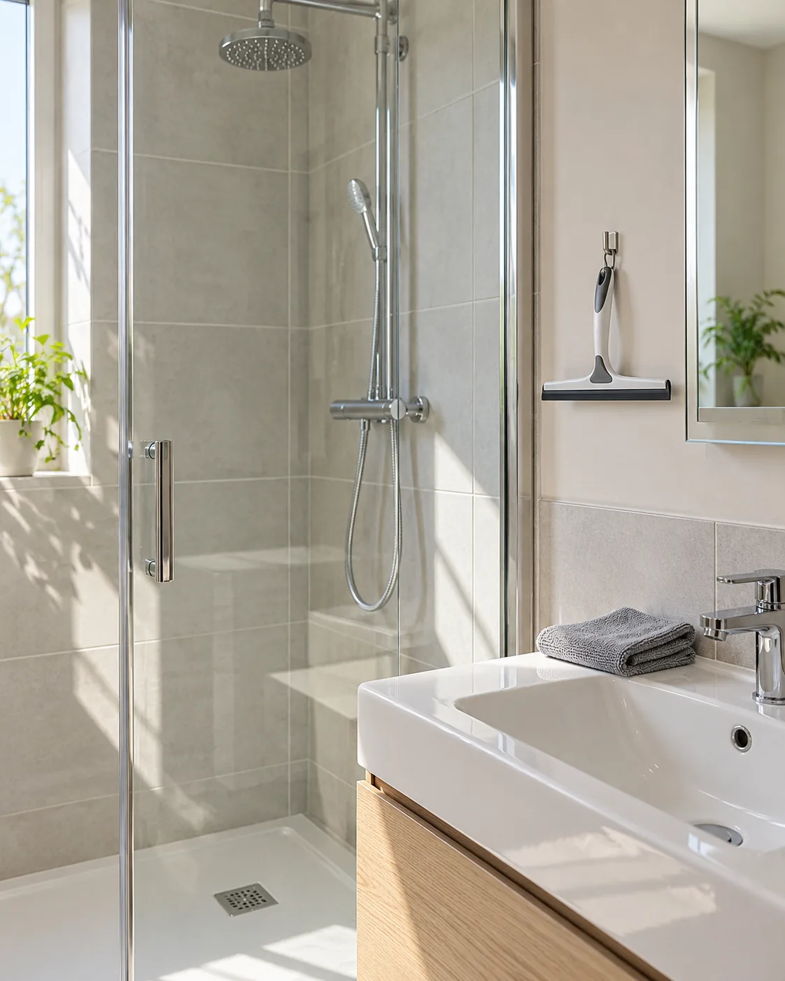 Temiz ve kuru duşakabin camı ile lavabo yanında mikrofiber bez ve çekçek